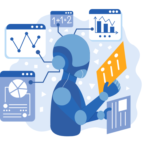 Digital robot analyzing data, generating reports, and controlling connected applications.