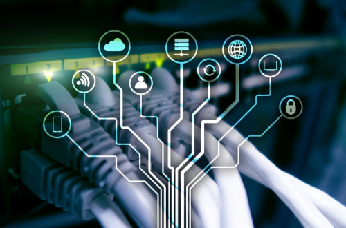 Network switches, cables, and routing icons representing IoT systems development and connectivity