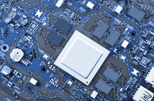 Close-up of hardware board with main chip representing FPGA and digital logic design