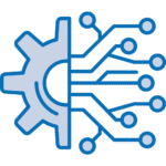 Gear merged with electronic circuit path symbolizing system architecture and design planning