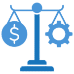 Balanced scale with money on one side and industrial gear on the other, symbolizing feasibility and concept validation