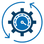 Gear, gauge, and circular arrow icon symbolizing system design review and performance optimization