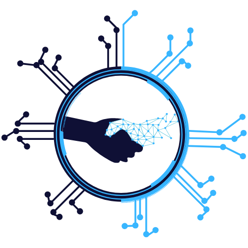 Human hand shaking digital hand, symbolizing collaboration between people and smart technology.