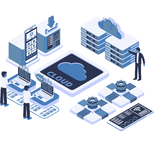 Engineers working with cloud systems and computers symbolizing smart technology with human collaboration